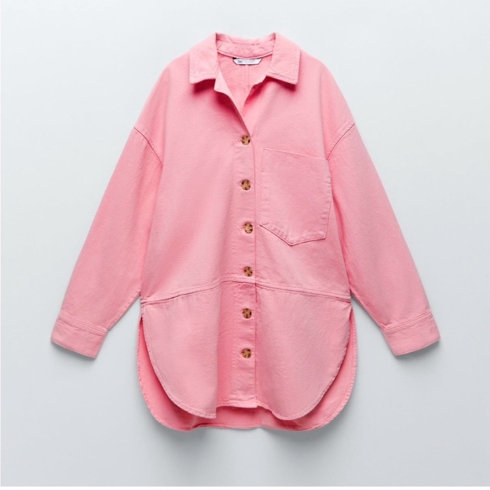 ZARA Oversized Denim Jacket Jean Shacket
Button Front Bubblegum Pink SIZE L